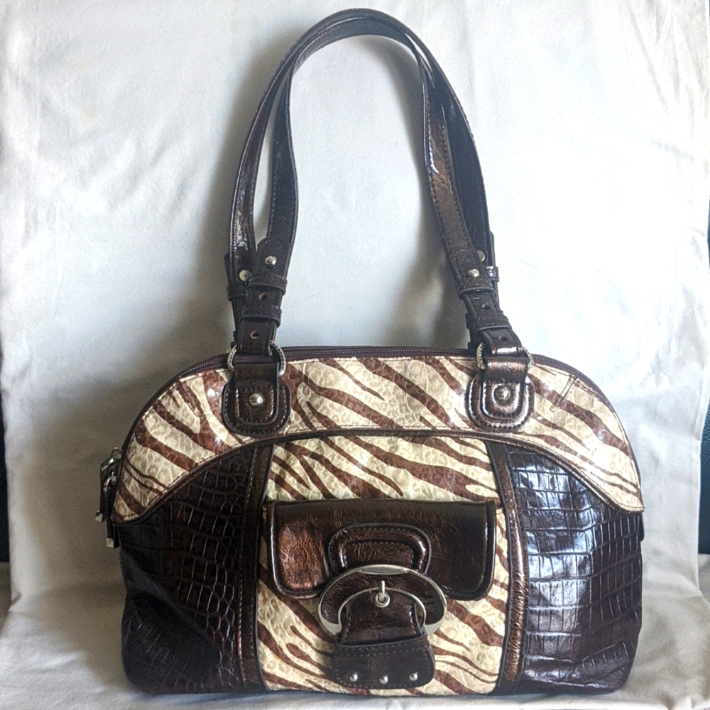 Madi Claire Croco Embossed Animal Print Brown and Tan Leather Purse